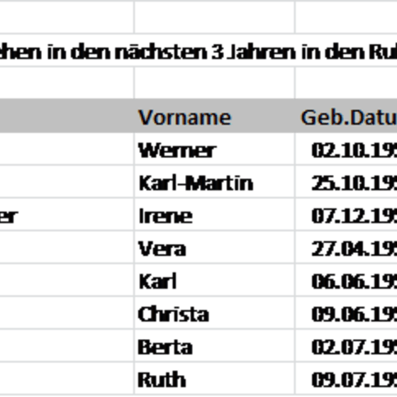 Auswertung: Personenliste mit Eintritt in den Ruhestand in den nächsten drei Jahren 