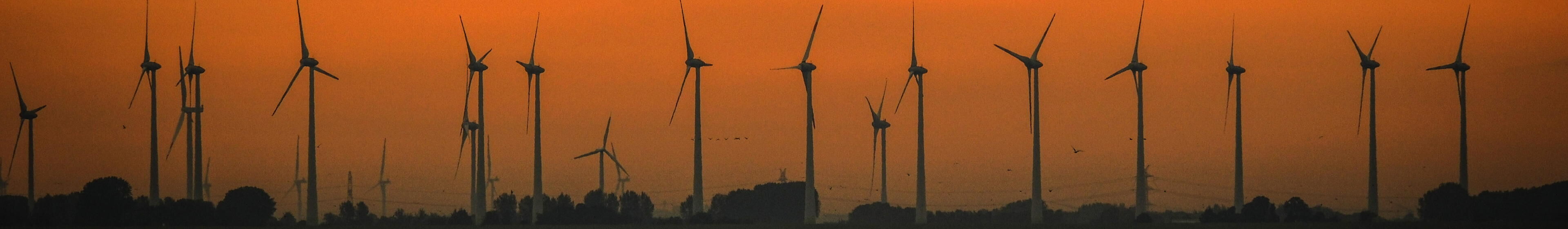 Mehrere Windräder in der Abenddämmerung am Meer.